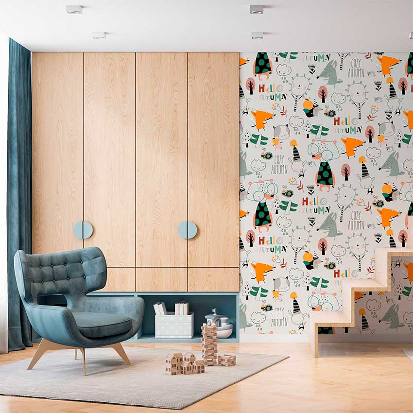 Papel de Parede Infantil Outono em ambiente aconchegante, com cores quentes e padrão divetido de outono.