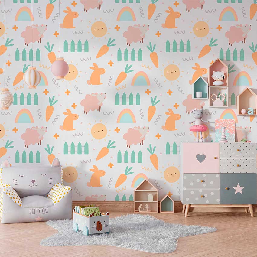 Papel de Parede Infantil Animal Farm com padrões coloridos de animais, cenouras e arcos, ideal para quartos infantis.