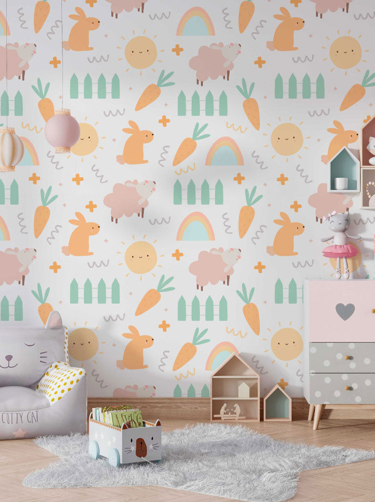 Papel de Parede Infantil Animal Farm com coelhos, cenouras e ovelhas para quartos infantis.