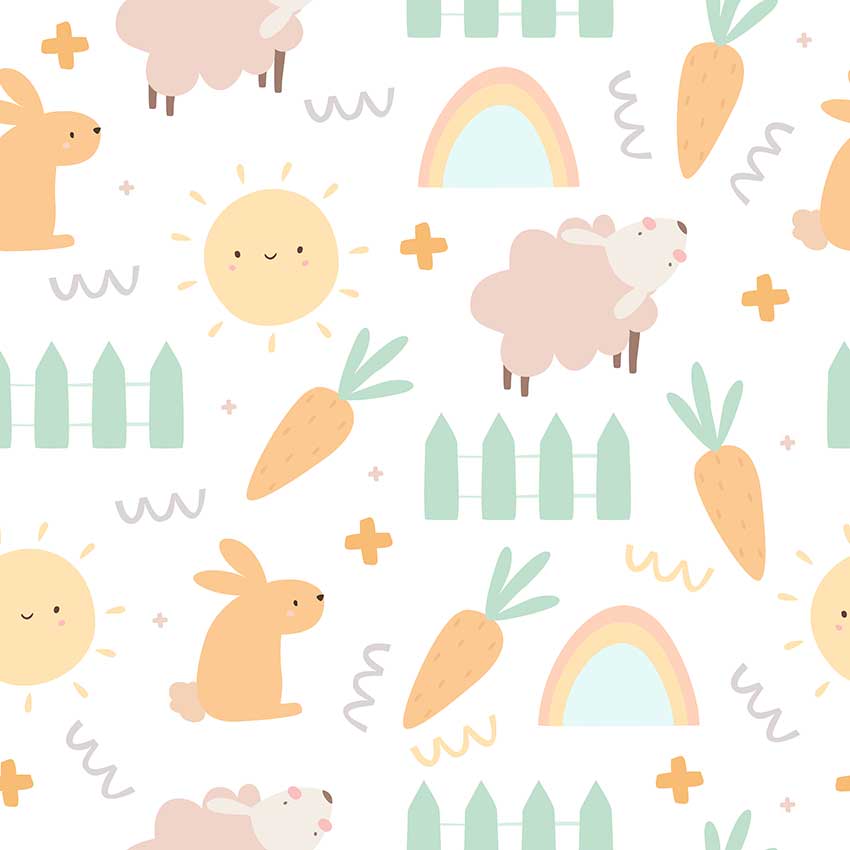 Papel de parede infantil animal com coelhos, ovelhas, cenouras, sol e arco-íris, ideal para quartos infantis.