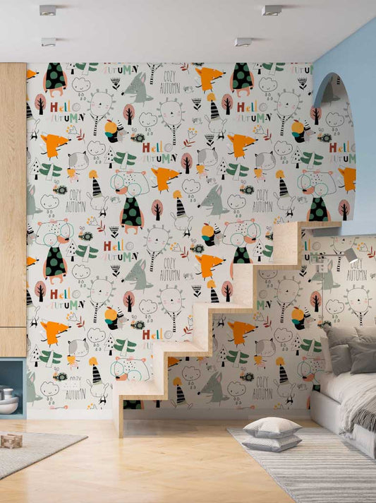 Papel de parede infantil outono com cores quentes e elementos divertidos para quartos e áreas de brincar.