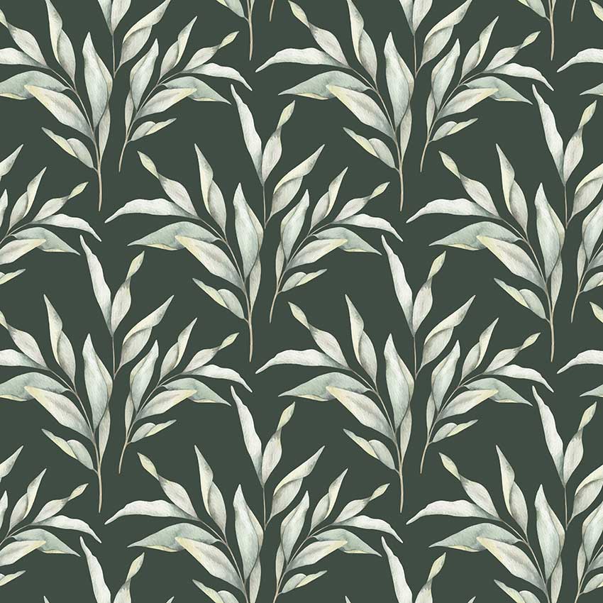 Papel de Parede Green Leaf com padrão de folhas em fundo escuro, ideal para ambientes modernos e relaxantes.
